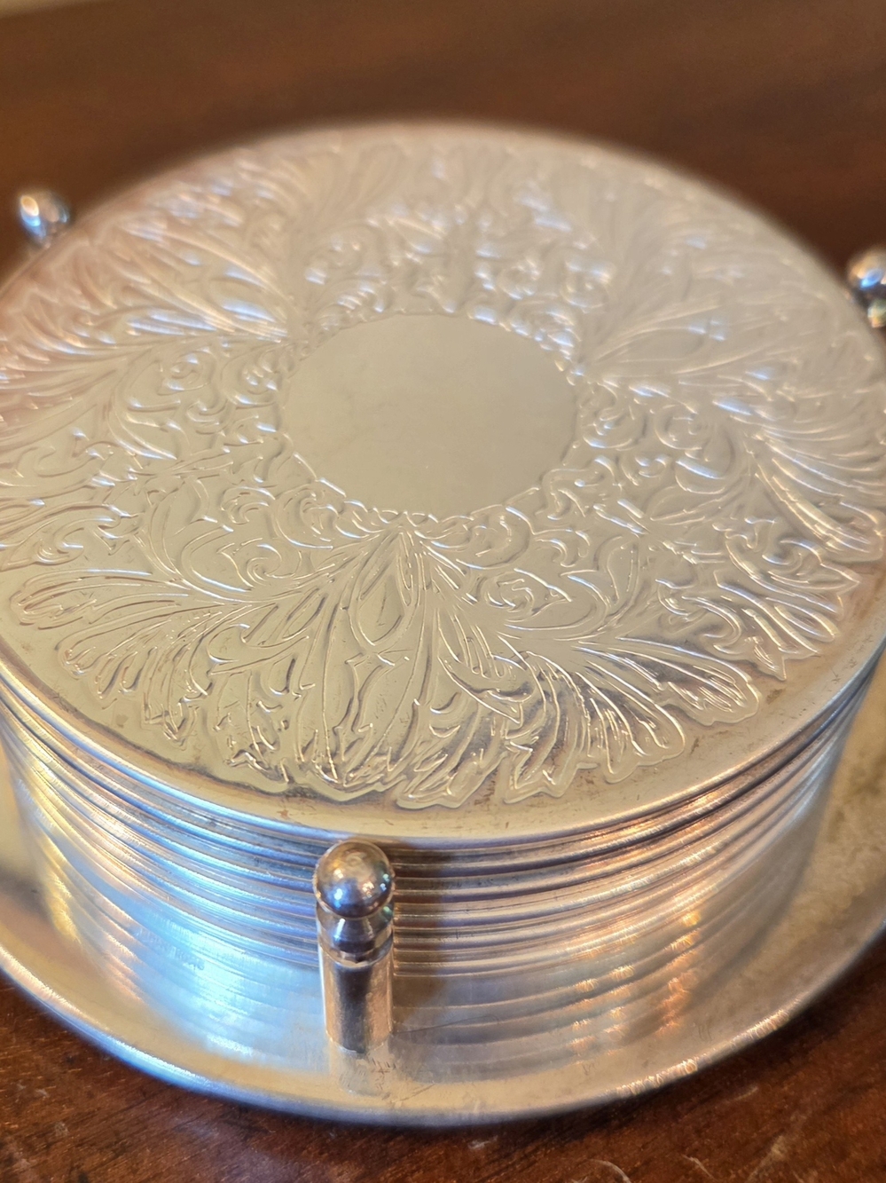 Vintage Silver Plated Coaster Set of 6 w/ Caddy Embossed Scroll Floral